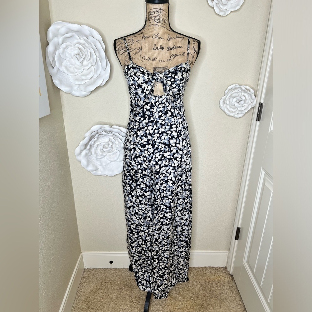 Billabong Twist N Shout Black, White, Grey & Blue Wide Leg Jumpsuit Sz M